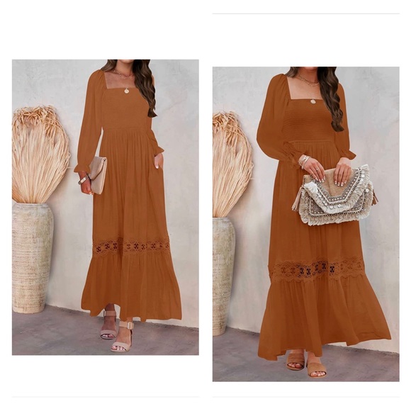 Boho LongSleeve Square Neck Smocked High Waist Flowy A Line Lace Trim Maxi Dress - Picture 2 of 3